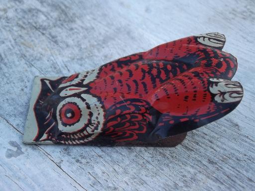 vintage tin litho Halloween clicker toy w/ orange & black wise old owl