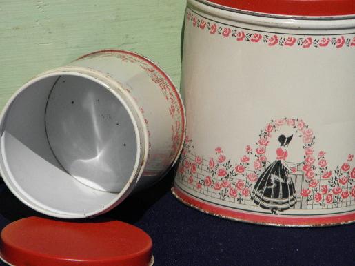 vintage tin litho canisters, crinoline lady sunbonnet belle in rose arbor