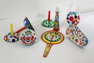vintage tin noisemakers - New Year or party rattles, bells, horn, clapper tambourin