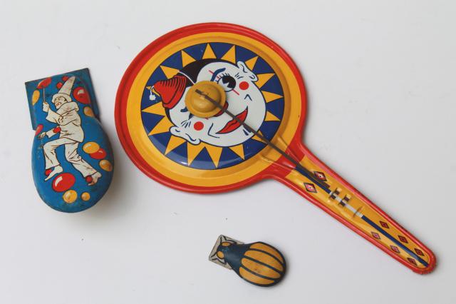 vintage tin noisemakers lot, clown litho print metal clicker & clapping gong drum