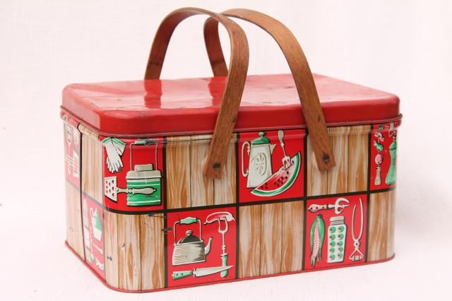 vintage tin picnic basket hamper w/ wood handles, Decoware kitchen ware litho print