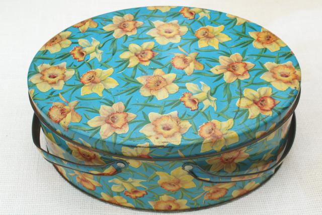 vintage tin sewing basket, print yellow daffodils on aqua, oval candy box w/ handle