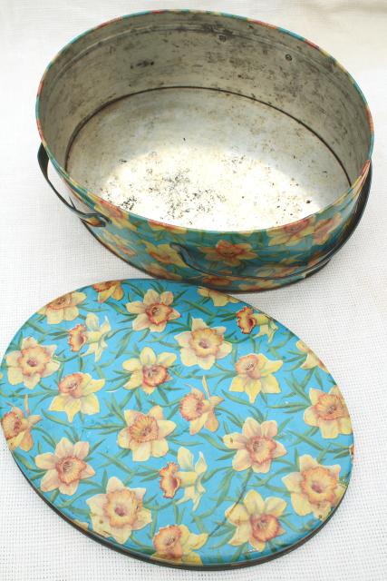 vintage tin sewing basket, print yellow daffodils on aqua, oval candy box w/ handle