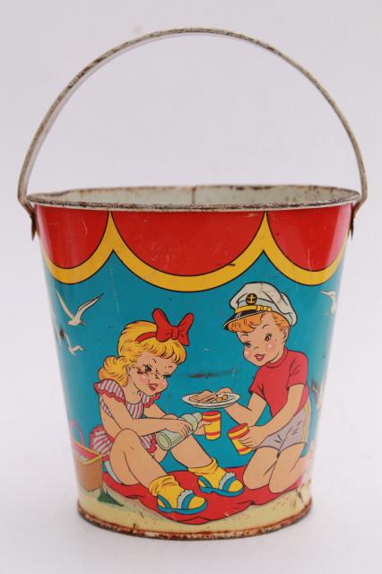 vintage tin toy sand pail bucket, Ohio Art print metal bright colorful children beach