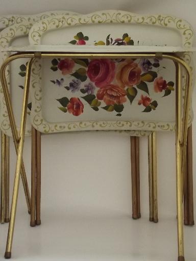 vintage tin tray TV tables, folding snack tables w/ shabby chic flowers