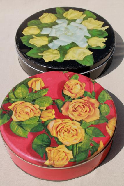 vintage tins w/ roses, rose photo print metal litho tins, 40s 50s retro!