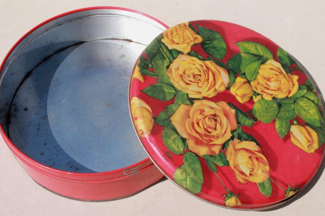 vintage tins w/ roses, rose photo print metal litho tins, 40s 50s retro!