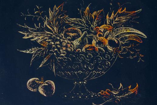vintage tinsel paintings w/ gold fruit, reverse foil intaglio etchings listed artist Harris G Strong