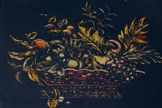 vintage tinsel paintings w/ gold fruit, reverse foil intaglio etchings listed artist Harris G Strong
