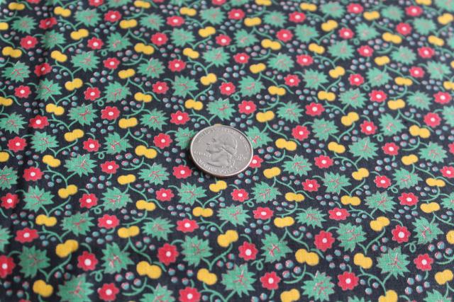 vintage tiny print cotton quilting fabric, yellow cherries & red flowers on black