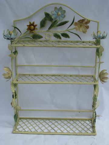 vintage tole metal flowers, shabby cottage chic style whatnot wall shelf