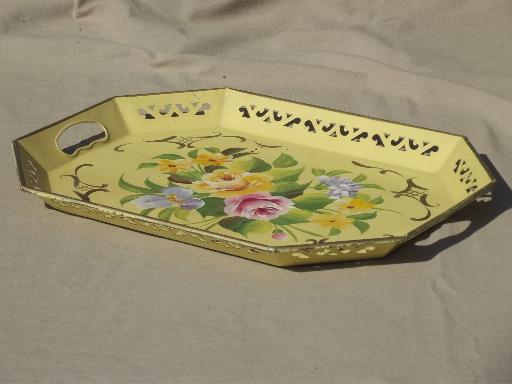vintage tole tray, flowers on gold hand-painted Pilgrim Art metal tray