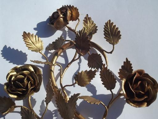 vintage tole wall sconces for candles, old gold roses metal candle holders
