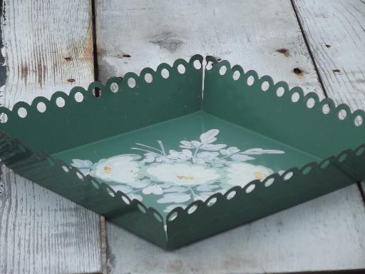 vintage toleware lace edge box bowls, jade green tole painted flowers