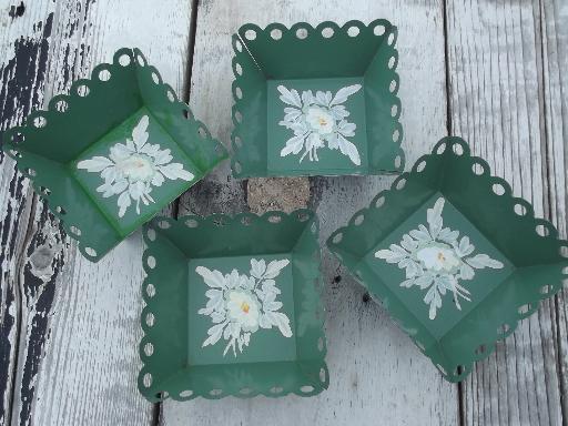 vintage toleware lace edge box bowls, jade green tole painted flowers
