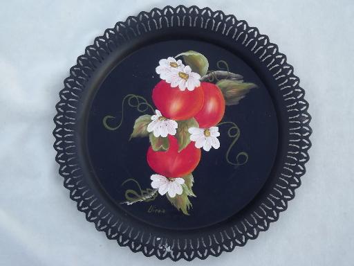 vintage toleware tray, hand-painted apples tole metal tray w/ pierced edge