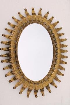 vintage tooled brass metal art wall mirror, bohemian or southwest style gold sunburst frame