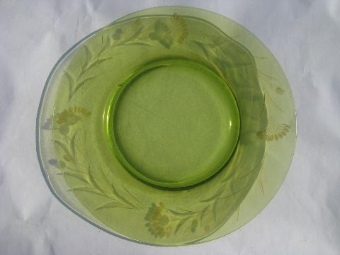 vintage topaz color etched glass plates, yellow-green vaseline depression