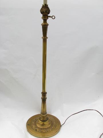 vintage torch flame solid brass torchiere floor lamp, original Stiffel glass diffuser shade