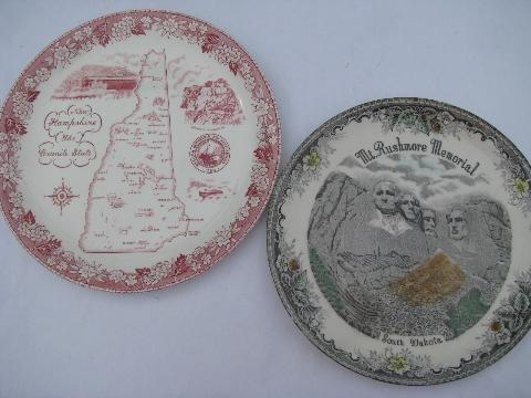 vintage transferware china souvenir plate collection, state maps & landmarks