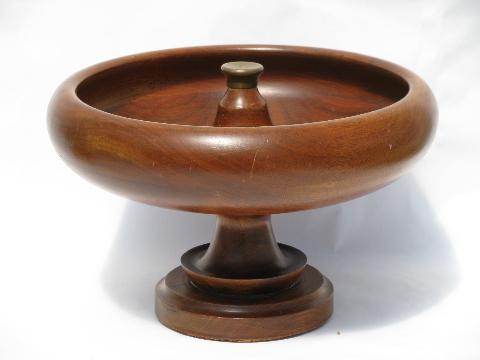 vintage treenware, huge walnut wood pedestal bowl for nuts