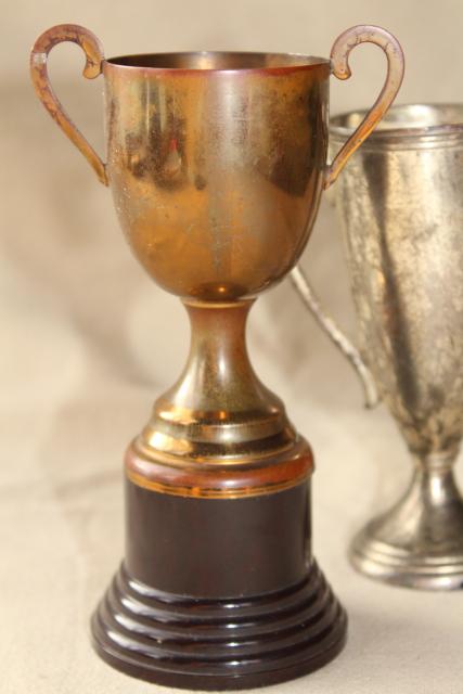 vintage trophies, miniature trophy cup vases display urns w/ worn bronze & silver patina