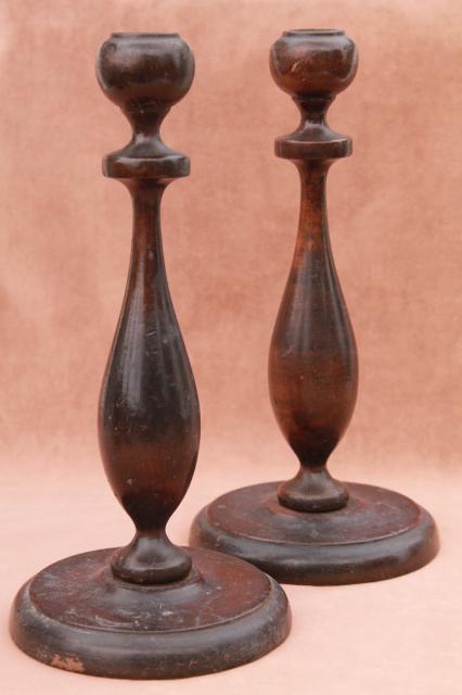 vintage turned wood candlesticks lot, collection of shapes, sizes & different woods