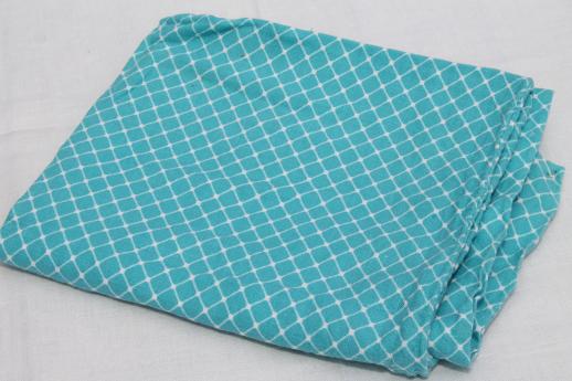 vintage turquoise & white print cotton feedsack fabric, sewn sack w/ original chain stitching