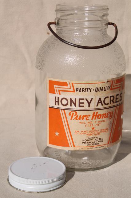 vintage two quart glass jar w/ wire bail handle, old Honey label dated 1942