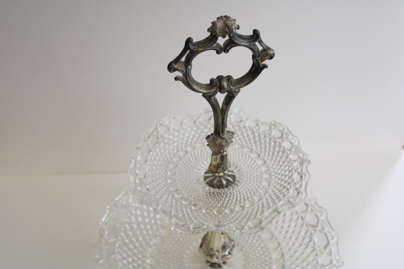 vintage two tiered cake stand serving tray, shabby chic pressed glass w/ ornate silver