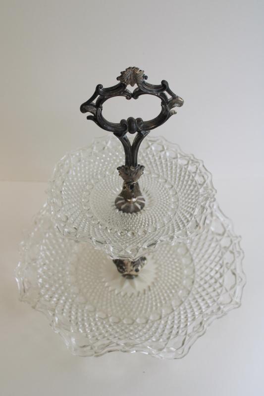 vintage two tiered cake stand serving tray, shabby chic pressed glass w/ ornate silver