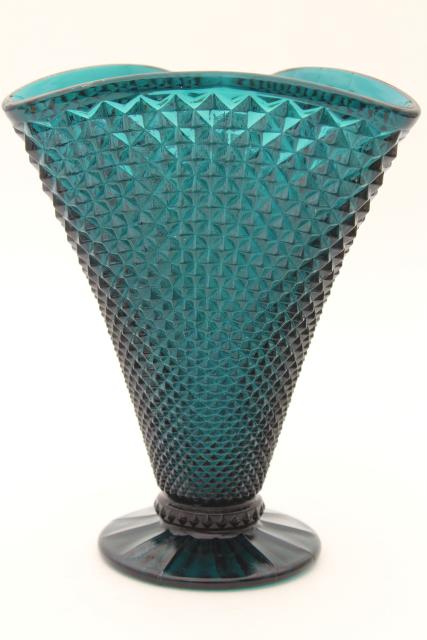 vintage ultramarine teal blue spruce green glass vase, diamond point triangle shape