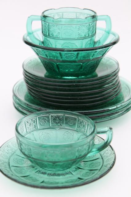 vintage ultramarine teal green depression glass doll dishes, doric and pansy pattern
