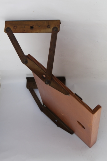 vintage under cabinet pull down kitchen shelf / cookbook stand, solid wood w/ original hardware