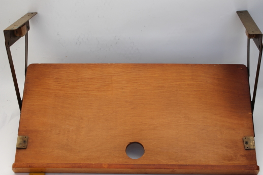 vintage under cabinet pull down kitchen shelf / cookbook stand, solid wood w/ original hardware