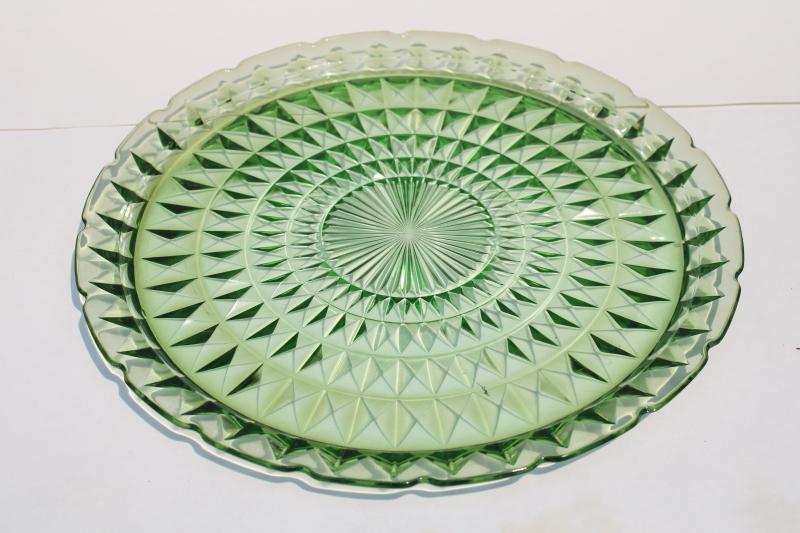 vintage uranium glass green depression glass cake plate, Jeannette Windsor pattern