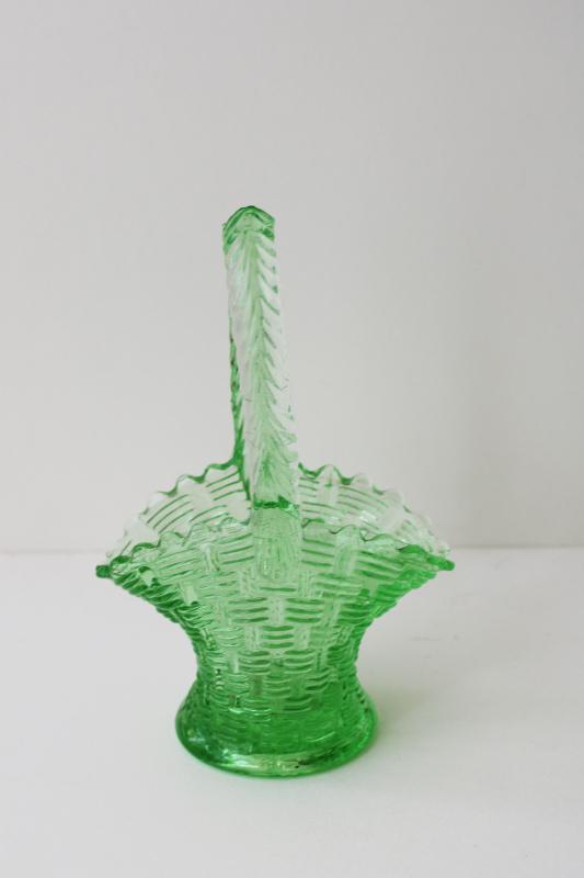 vintage uranium green depression glass, brides basket candy dish or flower vase