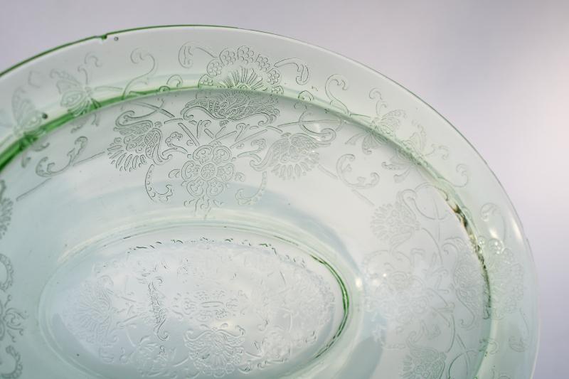 vintage uranium green depression glass oval bowl, Florentine poppy Hazel Atlas