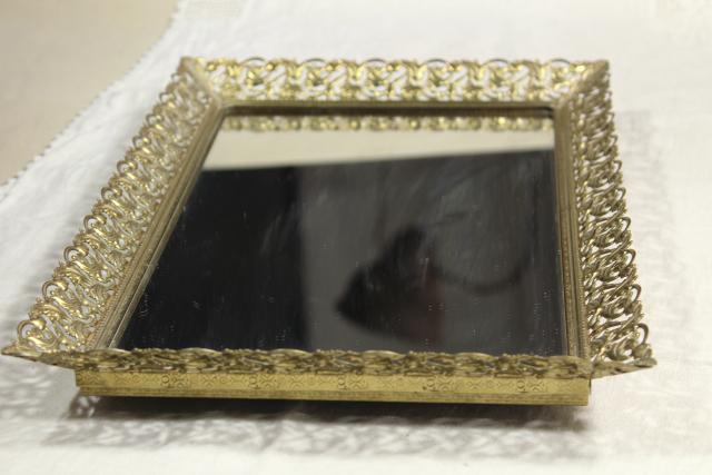 vintage vanity easel mirror & perfume tray, gold lace metal filigree frame