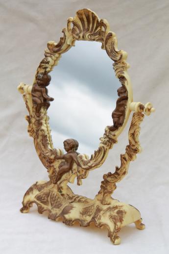 vintage vanity stand mirror for a fairy tale princess, ivory plastic frame w/ gold angels