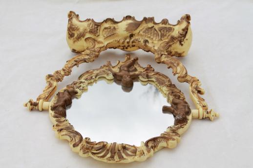 vintage vanity stand mirror for a fairy tale princess, ivory plastic frame w/ gold angels