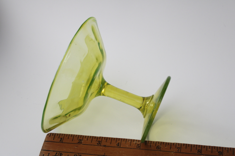 vintage vaseline glass candy dish, uranium glow yellow green glass compote or tazza