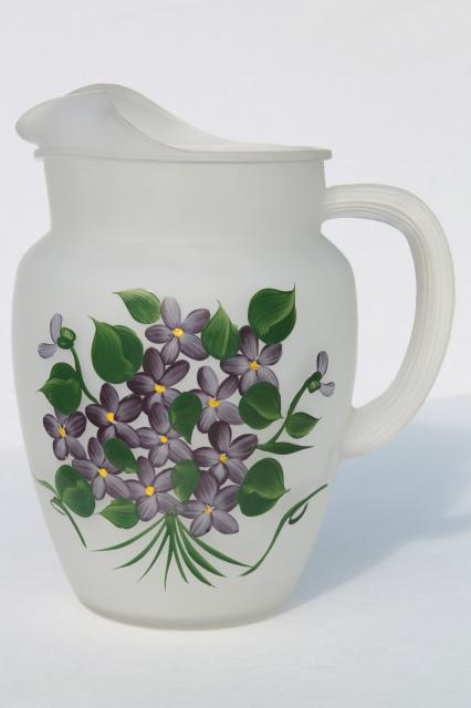 vintage violets glass lemonade / juice pitcher, Gay Fad hand-painted frosted glass