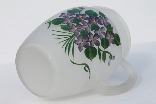 vintage violets glass lemonade / juice pitcher, Gay Fad hand-painted frosted glass