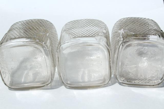 vintage waffle glass hoosier jars, old square glass canisters, antique coffee / tea jars