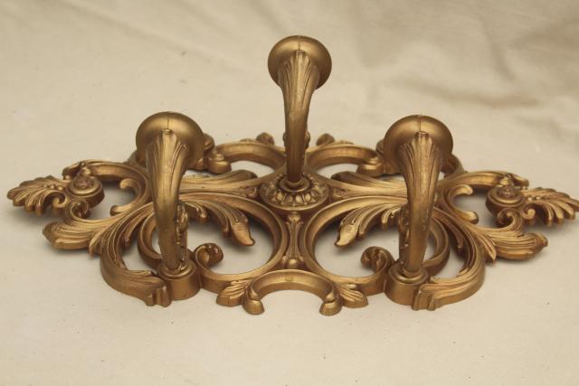 vintage wall mount candle holder, gold rococo plastic ornate sconce three light