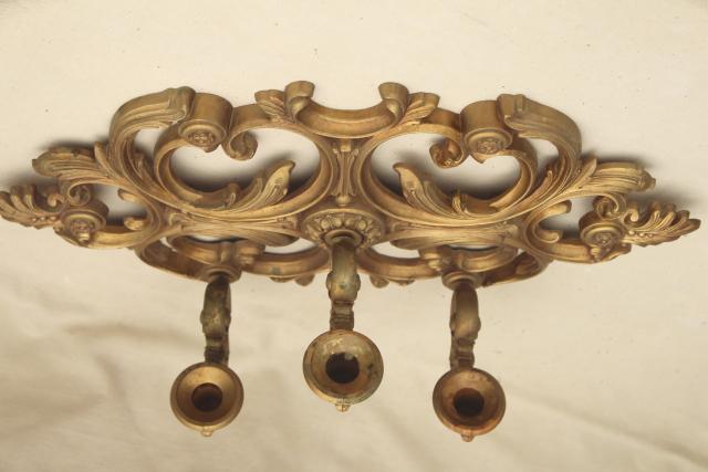 vintage wall mount candle holder, gold rococo plastic ornate sconce three light