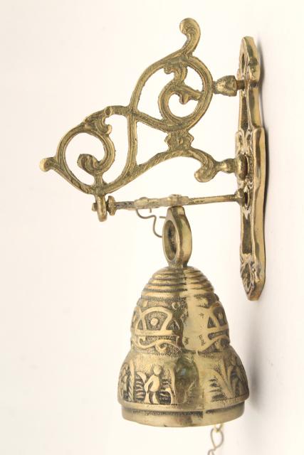vintage wall mount doorbell or call bell, pull chain solid brass bell w/ hanging bracket