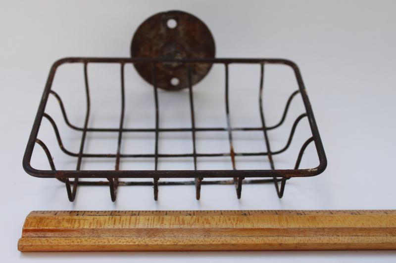vintage wall mount soap dish, old wire rack for big bar of laundry soap, farmhouse kitchen
