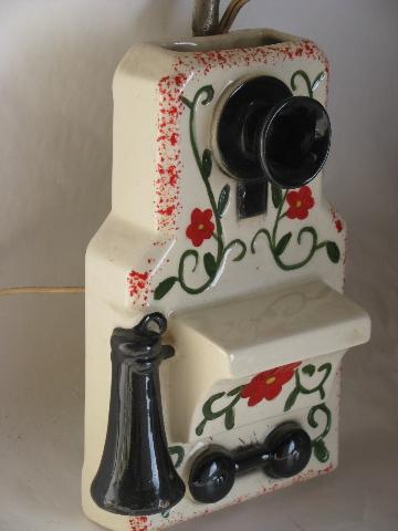 vintage wall sconce lamp, antique wall box phone, hand-painted china